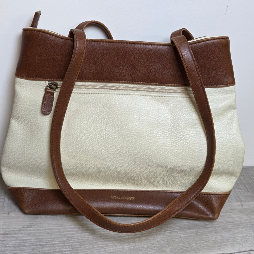 Liz Claiborne Villager Faux Leather Tote Shoulder Bag Cream Brown Colorblock